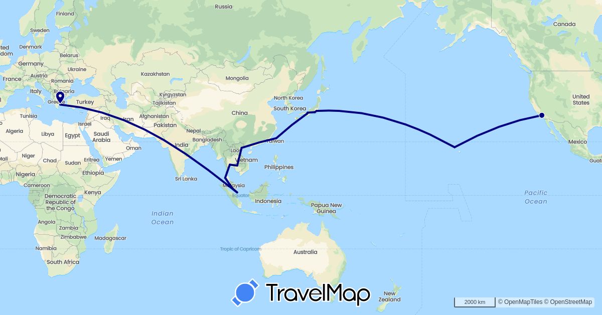 TravelMap itinerary: driving in Greece, Japan, Cambodia, Malaysia, Singapore, Thailand, Taiwan, United States, Vietnam (Asia, Europe, North America)
